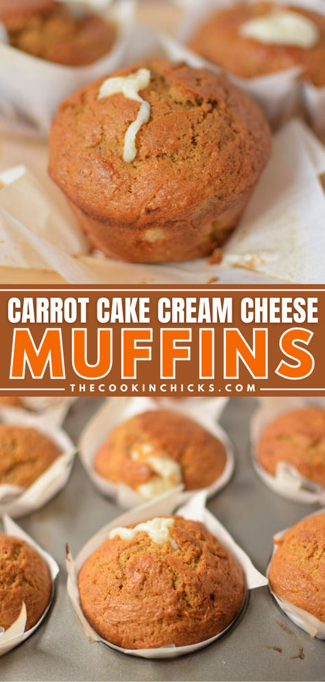 If you love carrot cake, you will LOVE these Carrot Cake Cream Cheese Muffins! Stuffed with a creamy cheesecake center, these muffins are delicious! A moist, perfectly spiced muffin with a sweetened cream cheese center, what’s not to love?! Melt in your mouth and the perfect choice for breakfast, snacks, desserts, and gatherings! Carrot Cheesecake Muffins, Cream Cheese Stuffed Carrot Cake, Cream Cheese Carrot Muffins, Cottage Cheese Carrot Muffins, Cream Cheese Stuffed Muffins, Carrot Cream Cheese Muffins, Carrot Cake Muffins With Cream Cheese, Cream Cheese Muffins Recipes, Carrot Muffins Moist