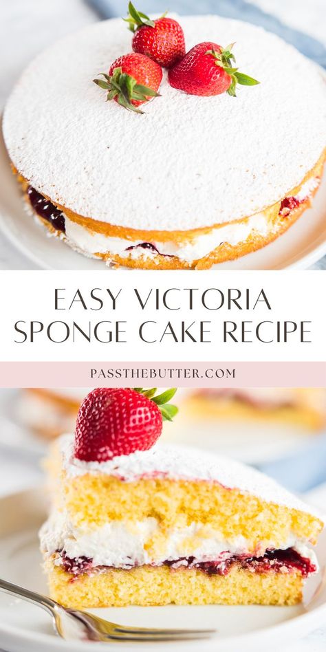 Make a victorian sponge cake, also known as a victoria sandwich cake, with this easy recipe. It's known as the easiest cake to make for good reason. This classic victoria sponge cake is moist, light, and delicious, making it a perfect treat for any occasion. Whether you're a beginner or an experienced baker, this recipe guides you through the simple steps to create a beautifully layered cake filled with jam and cream. British Sponge Cake Recipe, Victorian Sponge Cake Recipe, Light Birthday Cake, Victorian Sponge Cake, Sponge Cake Recipe Best, Sandwich Cake Recipe, Victoria Sponge Cake Recipe, Easy Sponge Cake Recipe, Jam Cake Recipe