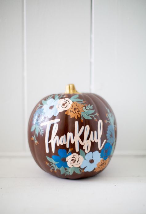 Hand Painted Faux Pumpkin - Medium  - 8" - Thankful with Blues and Browns - Fall - Halloween Pumpkin Painting Ideas Black And White, Painted Pumpkins Thanksgiving, Thanksgiving Painted Pumpkins, Modge Podge Pumpkins, Christmas Pumpkins Painted, Thanksgiving Pumpkins Painting, Floral Pumpkin Painting, Fall Painted Pumpkins, Pumpkin Painting Ideas Cute