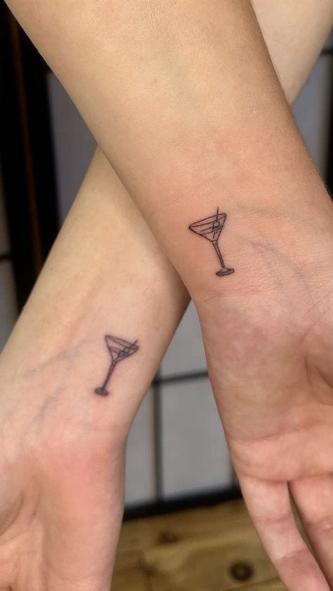 Bff Matching Tattoos Aesthetic, Matching Martini Glass Tattoos, Martini Glass Tattoos, Alcohol Matching Tattoos, Tiny Martini Glass Tattoo, Small Vegas Tattoo, Margarita Tattoo Drinks, Martini Tattoo Small, Minimalistic Matching Tattoos