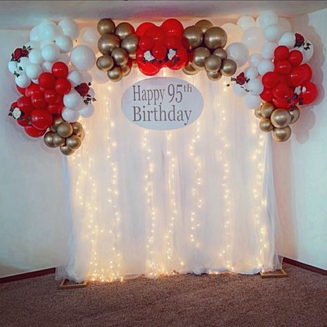 Draped backdrop with lights and balloons Draped Backdrop, Backdrop With Lights, Curtains Backdrop, Ceiling Drapes, Curtain Backdrop, Ceiling Draping, 95 Birthday, Curtain Backdrops, Light Backdrop