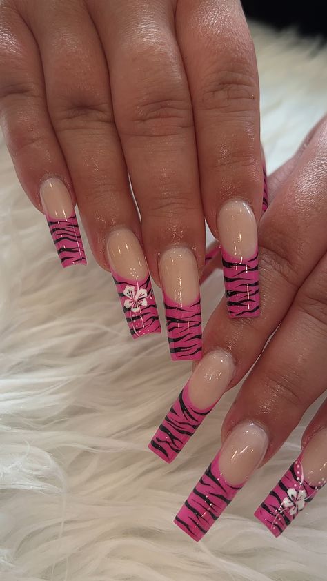 Pink Tigress Nail Design Tiger Stripe Nails Y2k, Hot Pink Zebra Print Nails, Tiger Acrylic Nails, Pink Tiger Print Nails, Hot Pink Zebra Nails, Pink Tiger Nails, Y2k Zebra Nails, Tiger French Nails, Zebra Nails Pink