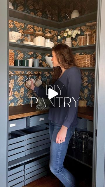 Corner Pantry Diy Build, Pantry Makeover Corner, Build Corner Pantry, Diy Pantry Corner, Hall Pantry Ideas, Diy Pantry Build Out, Open Corner Pantry, Paint Pantry Shelves, Counter Top Pantry