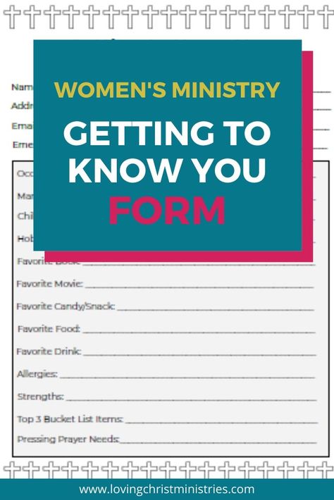 This Getting to Know You Form for Women's Ministry will help you gather information from your ministry group and get to know the ladies better. #gettoknowyou #gettingtoknowyou #womensministry #christianwomen #alovingchrist Retreat Planning, Christian Retreat, Christian Women's Ministry, Women's Retreat, Creative Retreat, Womens Conference, Pastors Wife, Womens Group, Church Ministry