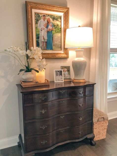 Antique chest, Bradburn Home, ginger jar, one kings lane, home decor, interior design, white lamp, gold lamp, grand millennial style, ginger jar lamp, blanket storage, blue and white decor Tables With Lamps Decor, Styling Accent Table, Traditional Nightstand Decor, Foyer Chest Decor Entryway, Traditional Bedroom Dresser Decor, Chest In Living Room Decor, Entryway Chest Decor, Top Of Chest Decor, Antique Table Styling