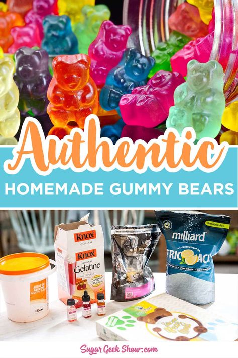 This gummy bear recipe makes shelf-stable gummy bears that taste just like the real thing! Switch up the flavors and colors and make them unique. The secret to this gummy bear recipe is sorbitol and citric acid which gives those gummy bears that authentic chewy texture and tart flavor. Switch out the water and sugar for fruit juice and honey for a healthy gummy bear option. Substitute water for wine or vodka for grownup gummy bears! #gummybears #recipe #healthy #homemade #easy Gummy Bear Recipe, Making Gummy Bears, Homemade Gummy Bears, Homemade Gummies, Cannibis Recipes, Gummies Recipe, Bear Recipes, Candy Recipes Homemade, Homemade Candies