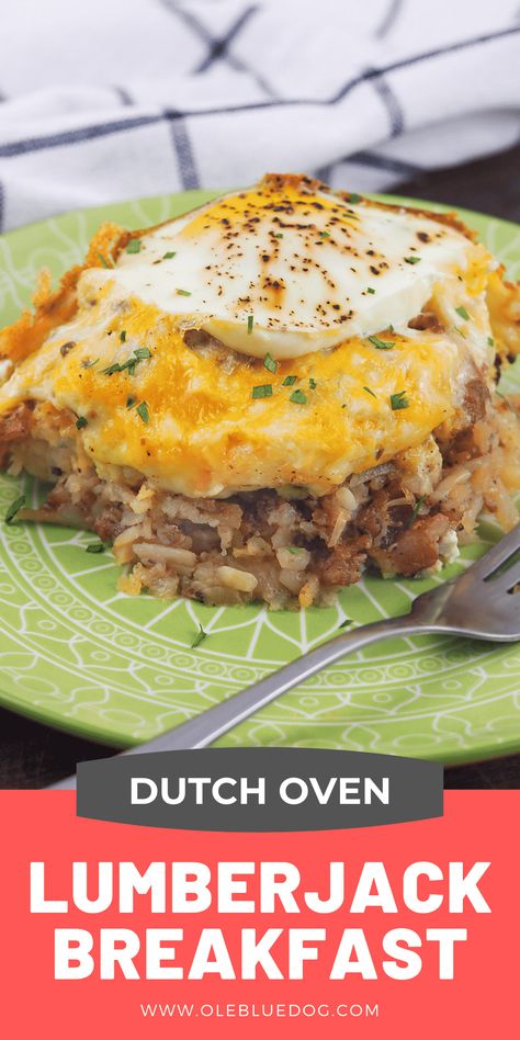 Lumberjack breakfast casserole is a filling comfort food breakfast filled with bacon, sausage, cheese, and eggs. This recipe feeds a crowd easily! Our version uses hash brown potatoes instead of waffles or pancakes. Get your bunch off to a great start in the morning with this easy breakfast recipe. #dutchoven #dutchovenrecipe #breakfast #eggs #bacon #mondayismeatloaf #mealprep #hungryman #mountainmanbreakfast #makeaheadmeal Cast Iron Breakfast Casserole, Lumberjack Breakfast, Dutch Oven Breakfast, Camping Recipes Breakfast, Mountain Pies, Dutch Oven Camping Recipes, Casserole Breakfast, Camping Foods, Pie Iron