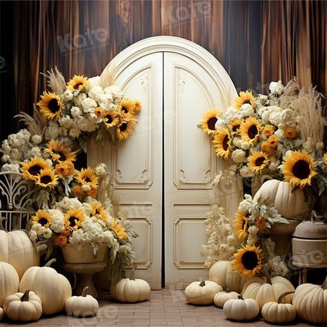 Kate Autumn/Fall Sunflower White Pumpkin Barn Thanksgiving Day Backdro Fall Church Decorations, Fall Photo Booth, Autumn Window Display, Fall Backdrops, Brick Backdrops, Cloth Backdrop, Garden Backdrops, Stage Decor, Harvest Party