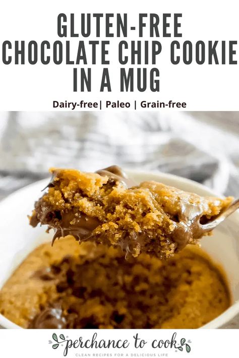 Paleo Chocolate Chip Mug Cake, Gf Cookie In A Mug, Paleo Mug Cookie, Gluten Free Cookie In A Mug, Gluten Free Mug Cookie, Mug Cookie Recipes, Chocolate Chip Mug Cookie, Dairy Free Chocolate Chip Cookies, Paleo Mug Cake