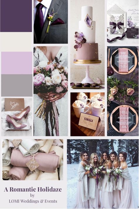 A Romantic Holidaze. Holiday/Winter weddings do not mean Christmas colors. I love how the soft mauve and deep purple transfer nicely from Fall colors to winter. Follow LOMI on IG for more wedding inspiration: @eventsbylomi Winter Wedding Colors Purple, Emerald Green And Burgundy Winter Wedding, Mauve Winter Wedding, Purple Winter Wedding Ideas, Purple Winter Wedding, Mood Board Examples, December Wedding Colors, Wedding Challenge, Wedding Planner Job