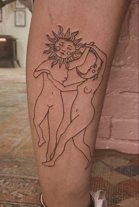 Holding Sun And Moon Tattoo, Dancing Moon Tattoo, Moon Head Tattoo, Dancing Around The Moon Tattoo, Woman Dancing Tattoo, Dancing Lady Tattoo, Sun Lady Tattoo, Woman Holding Sun Tattoo, Dancing Sun Tattoo