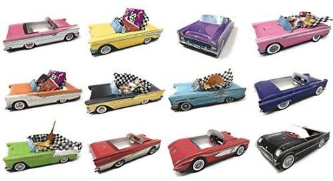 Car Party Food, Classic Car Party, Party Food Boxes, Sock Hop Party, Cardboard Car, Cardboard Model, Food Boxes, Car Party, 80th Birthday Party