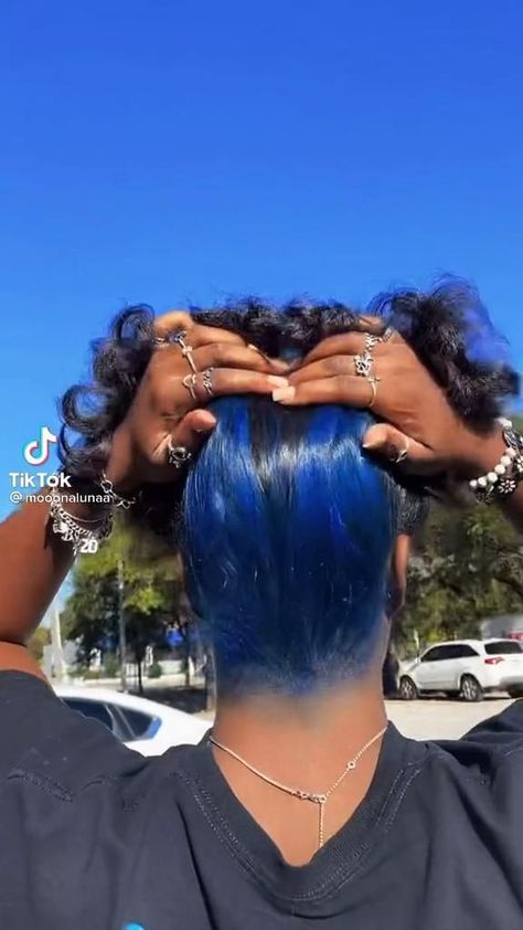 Butterfly effect [Video] | Curly hair styles easy, Wild hair color, Blue hair Back Colored Hair, Hair Dye In The Back Of Hair, Blue And Black Hair Natural, Skunk Hair Dye Ideas, Blue Hair Color On Black Women Natural, Blue Silk Press Natural Hair, Color Patches In Hair, Blue Black Natural Hair, Patch Color Hair