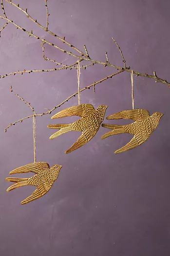 Ornaments | AnthroLiving Evergreen Tablescape, Christmas Trends 2022/23, Christmas Wall Decor Diy, Golden Bird, Tin Ornaments, Bird Christmas Ornaments, Christmas Spices, Leaf Ornament, Globe Ornament