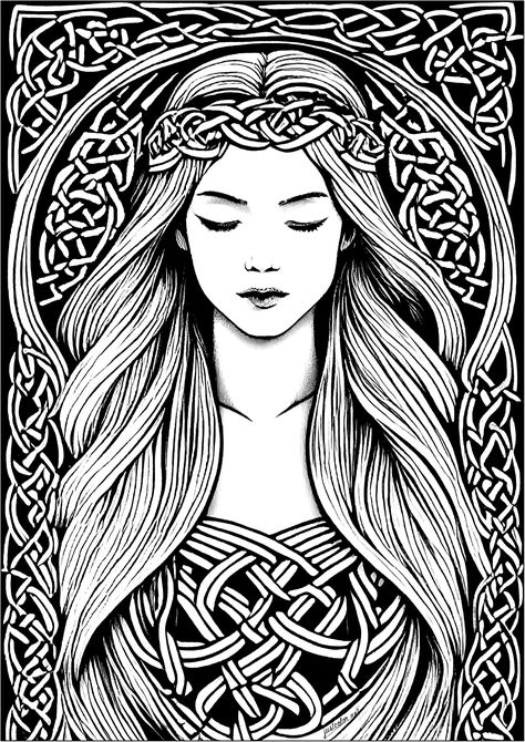 Coloring page of a sleeping young woman, inspired by Celtic art - JustColor.net : Free adult printable coloring pages Art Coloring Pages For Adults, Celtic Drawings, Celtic Coloring, Art Coloring Pages, Celtic Gods, Adult Colouring Printables, Pagan Art, Water Drawing, Adult Coloring Designs