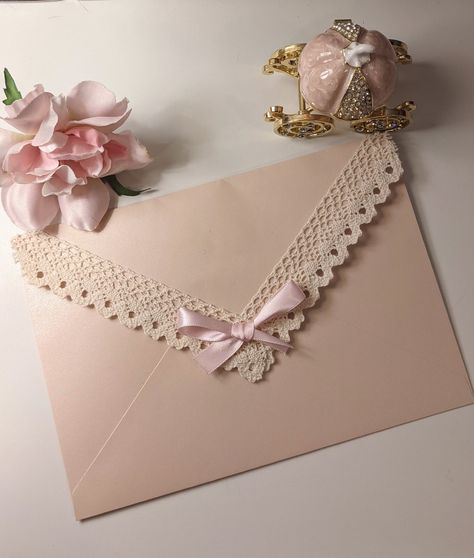 ♡ Show how much you care about them with words from your heart. These lacy envelopes are perfect for love letters, thank you cards, invitations, and more. ♡ ♡ Envelopes fit 5x7 cards or smaller. ♡ ♡ Envelopes are blush pink with a pink bow. White envelopes are also available in my shop! ♡ Letters And Envelopes, Heart Shaped Invitations, Love Letter Stationary, Origami Letter Envelopes, Pink Card Ideas, Coquette Envelope, Victorian Love Letters, Love Letters Envelope, Cute Envelope Ideas