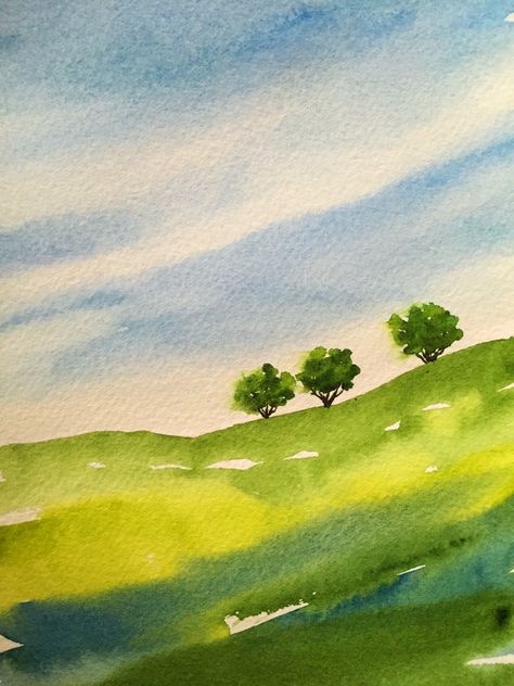 Simple Landscape Paintings Watercolour, Spring Watercolor Painting Landscape Easy, Watercolor Hills Landscapes, Watercolor Loose Landscape, Ink And Watercolor Art Landscape, Watercolor Simple Landscape, Water Colors Painting Landscaping, How To Paint Watercolor Landscapes, Watercolor Farm Landscape