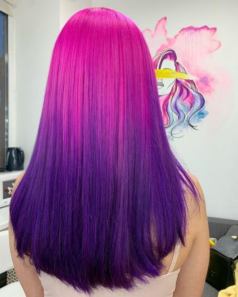 Pink N Purple Hair, Ombre Vivid Hair Color, Hot Pink Purple Hair, Pink Roots Purple Hair, Pink To Purple Ombre Hair, Pink To Purple Hair, Purple To Pink Ombre Hair, Pink And Blue Ombre Hair, Two Tone Purple Hair