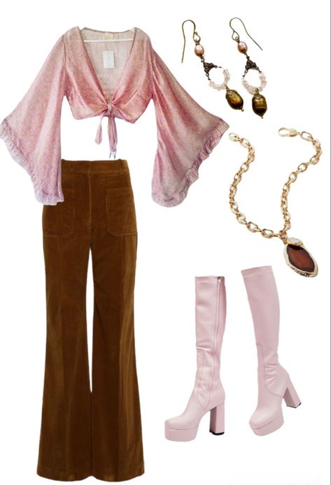 Pink 60s Aesthetic Outfit, 70s Girly Outfits, 70s Bitmoji Outfits, Pink Hippy Outfit, Pink Bohemian Outfits, 1970s Aesthetic Outfits, Brown 70s Outfit, Brown And Pink Outfit Ideas, Pink And Brown Aesthetic Outfit