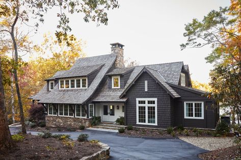 Cedar Shake Lake House, Lake Burton Lake House, Custom Lake House, Lake Mountain House, Craftsman Style Lake House, Black Lake House, Lake Cabin Exterior, Mountain Cottage Exterior, Lake Cottage Exterior