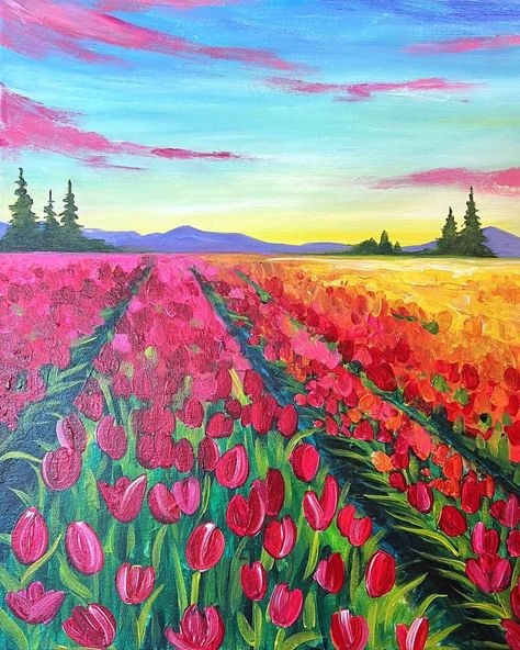 Simple Flower Field Painting, Tulip Garden Painting, Field Of Tulips Painting, Tulip Field Drawing, Tulips Painting Acrylic, Tulip Field Painting, Sunflower Sunrise, Tulips Field, Field Of Tulips