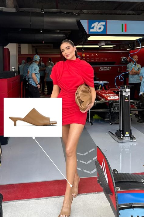 Shop the BOTTEGA VENETA Tan Stretch Mules ($950.00) Olivia Culpo, Race Day, Bottega Veneta, Monument, Miami, How To Wear