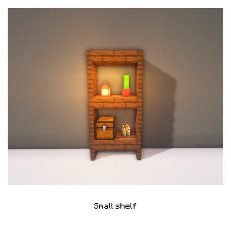 A small shelf to put small things in. #minecraft #smallshelf #shelf #creative #decorate #minecrafthouse Minecraft Small House Decorations, How To Decorate The Outside Of Your Minecraft House, Shelfs In Minecraft, Small Decor Minecraft, Minecraft Small Storage Room Ideas, Shelf In Minecraft, Minecraft Wall Shelf Ideas, Minecraft Stool Ideas, Cute Minecraft Furniture Ideas