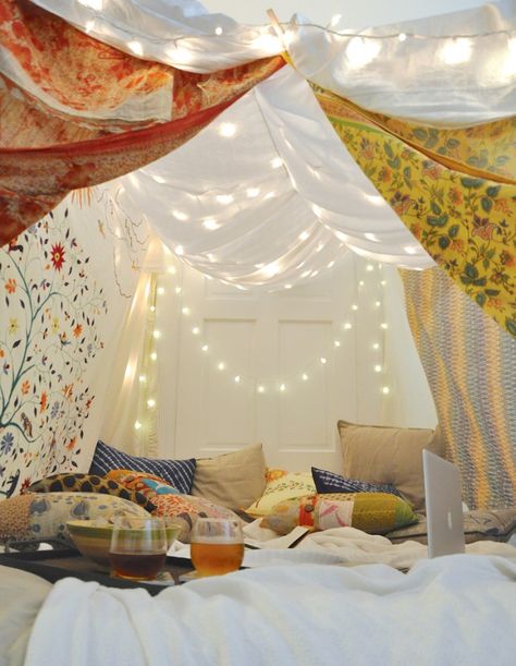 you don't have to be a little kid to enjoy blanket forts! #DIY #FairTrade #TenThousandVillages Pidżama Party, Indoor Forts, Simple Bed Designs, Pillows And Blankets, Blanket Fort, Build A Fort, Fun Sleepover Ideas, Simple Bed, Pillow Fort