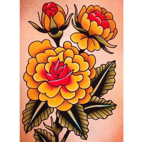 Marigold Flower Tattoo American Traditional, Chrysanthemum American Traditional Tattoo, Neo Traditional Marigold Tattoo, Marigold Flower Tattoo Traditional, American Traditional Marigold Tattoo, Marigold Tattoo Traditional, Marigold Traditional Tattoo, Mexican Marigold Tattoo, Traditional Flower Flash