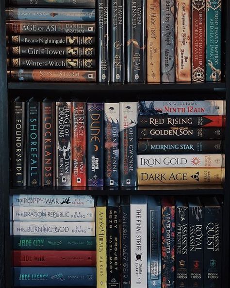 Fantasy Book Collection, Black Reading Nook, Fantasy Book Shelf Aesthetic, Reading Fantasy Books Aesthetic, Fantasy Bookshelf Aesthetic, Black Bookshelves Aesthetic, The Rage Of Dragons, Fantasy Bookshelves, Book Collection Aesthetic