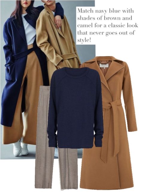 Camel and navy blue outfit inspiration #vernezapp Brown And Blue Work Outfit, Caramel Color Pants Outfit, Brown With Navy Blue Outfit, Navy And Tan Outfit, Navy And Cognac Outfit, Navy Colour Combinations Clothes, Blue And Tan Outfits For Women, Navy Blue And Gold Outfits For Women, Camel Color Combinations