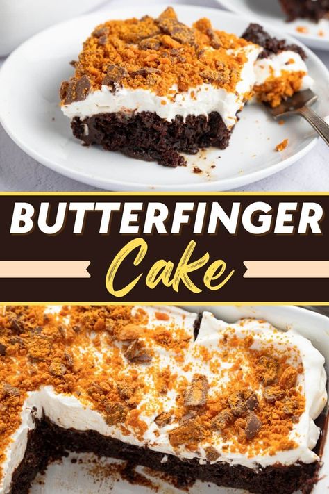 This Butterfinger poke cake is an easy dessert the family will love. With devil's food cake, hot fudge, caramel, and Butterfingers, it's to die for! Butterfinger Poke Cake, Butterfinger Cake Recipe, Butter Finger Dessert, Butterfinger Cake, Fudge Caramel, Fudge Dessert, Devil's Food Cake, Devils Food Cake, Poke Cake Recipes