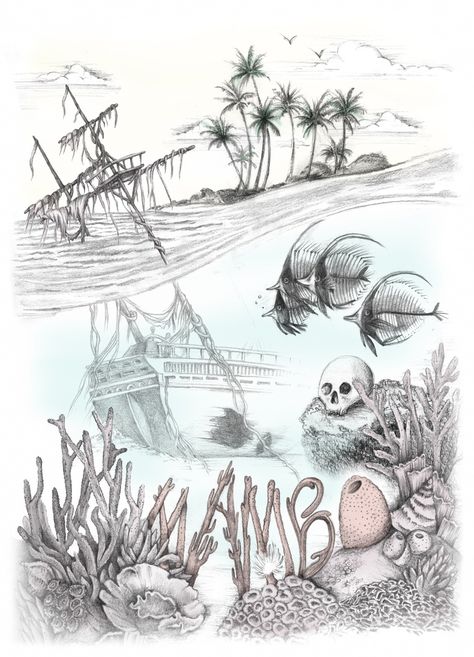 Deserted Island Drawing, Shipwreck Tattoo Design, Underwater Shipwreck Tattoo, Shipwreck Sketch, Sunken Pirate Ship Drawing, Ship Wreck Drawing, Pirate Art Drawing, Shipwreck Drawing, Shipwreck Tattoo