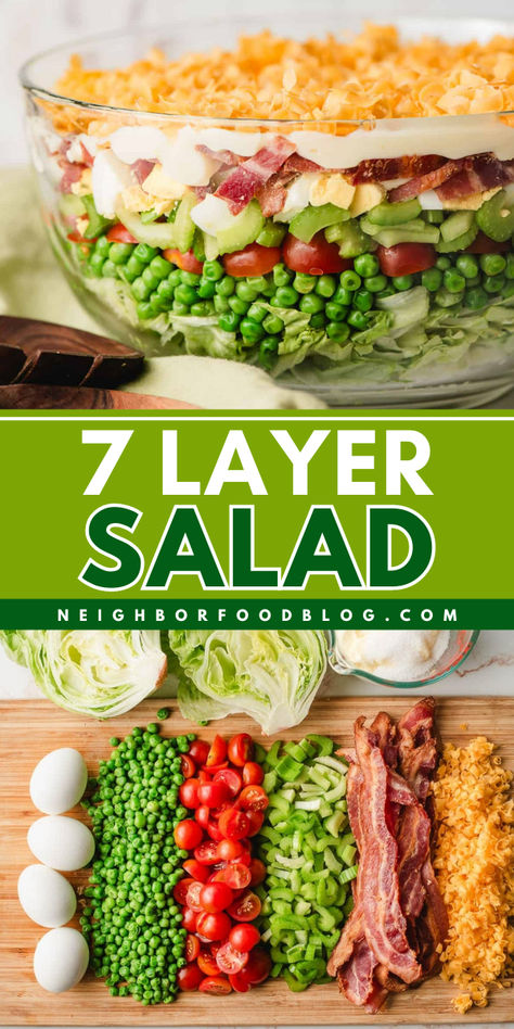 This 7 Layer Salad is the ultimate picnic salad! It’s not often you find a make ahead salad, but this is the one! With seven layers of crunchy lettuce, veggies, cheese, and bacon and a classic creamy dressing, this layer salad keeps for days and is perfect for summer potlucks and BBQs. 7 Layer Pea Salad Recipes, 7 Layered Salad Recipe Classic, Layered Spring Pasta Salad 12 Tomatoes, Southern 7 Layer Salad, Summer Lettuce Salads, Overnight Salad Layered, Camping Salads Make Ahead, Seven Layer Salad Recipe Classic, Cold Sides For A Crowd