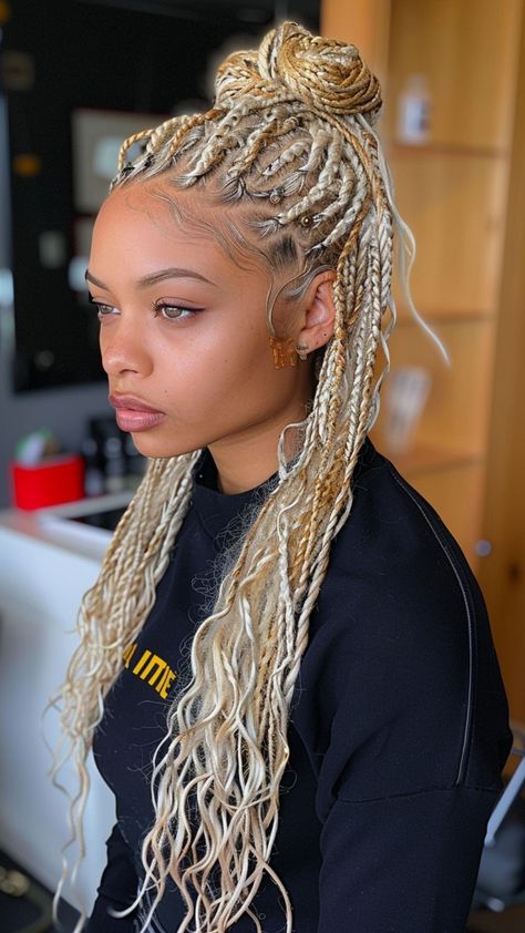 24 Goddess Braids for Fashion-forward Individuals Blonde Braids White Women, Platinum Goddess Braids, White Blonde Braids Black Women, Platinum Blonde Knotless Braids, Hairstyles For Goddess Braids, Blonde Goddess Knotless Braids, Platinum Box Braids, Blonde Box Braids Black Women, Blonde Cornrows Braids Black Women