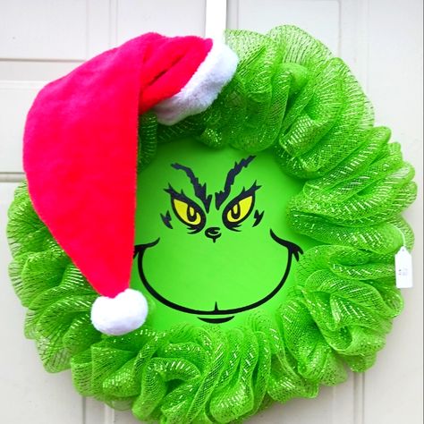 Handcrafted 18 Inch Deco Mesh Wreath. Deco Mesh Christmas Decorations, Grinch Head Door Hanger, Grinch Reef Ideas, Grinch Christmas Reef, Grinch Diy Wreath, Funny Wreath Ideas, Grinch Wreath Diy Front Doors, Grinch Themed Office Decorations, Grinch Door Hanger Wood