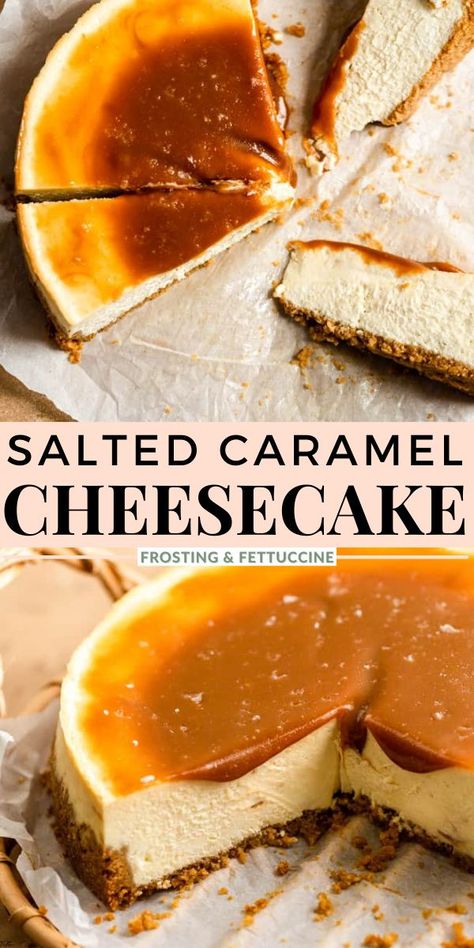 Caramel Baked Cheesecake, Caramel Nut Cheesecake, Super Easy Cheesecake Recipes, Salted Caramel Baked Cheesecake, Sea Salt Caramel Cheesecake Recipe, Cheesecake Recipes Salted Caramel, Easy Salted Caramel Cheesecake, Carmel Cheesecake Topping, Plain Cheesecake Topping Ideas