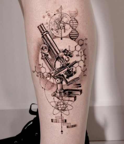 Realistic microscope tattoo on leg Small Science Tattoos, Scientist Tattoo, Science Tattoo Ideas, Biology Tattoo, Scientific Tattoo, Chemistry Tattoo, Teacher Tattoos, Science Tattoo, Science Tattoos