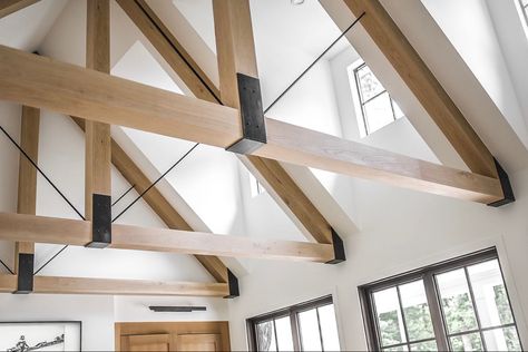 Exposed Trusses Living Room, Exposed Roof Trusses, Industrial House Exterior, Exposed Trusses, New House Living Room, Industrial Home Design, Timber Architecture, Modern Barn House, Timber Beams