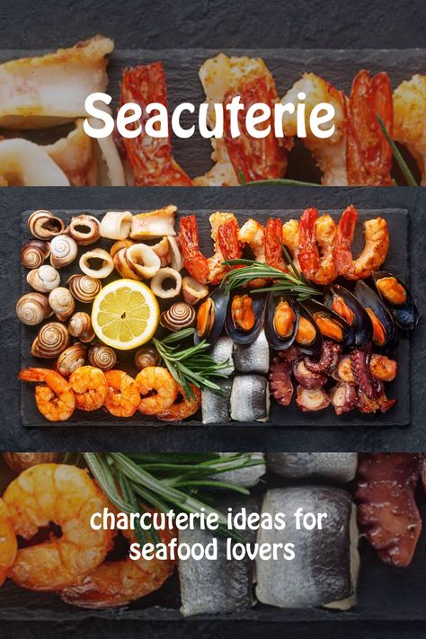 cooked seafood (calamari, shrimp, fish and more) on a stone food board Surf And Turf Board, Sea Cuterie Board, Pescatarian Charcuterie Board, Seacuterie Board Ideas, Seafood Board Platter, Seafood Charcuterie Board Ideas, Shark Cuterie Board, Seafood Platter Ideas, Seafood Charcuterie Board