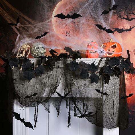 PRICES MAY VARY. Halloween essentials: Fireplace mantle decorations kit adds a touch of mystery and fun to your Halloween party. It is a perfect choice for you to save your time and money on choosing related good, and prepare better for the arrival of Halloween. Background decoration: A maple leaf garland, a light yarn and 12 differnt bat ornaments. These fake bats can be placed on the garland or gauze. They are all black and perfect for creating a slightly creepy vibe. It's like casting a veil Halloween Fall Fireplace Decor, Chimney Mantel Decor, Spooky Indoor Halloween Decor, Halloween Decor Small Porch, Halloween Decor Dining Room, Budget Friendly Halloween Decor, Spooky Halloween Party Decor, Spooky Forest Halloween Decor, Halloween Bridal Shower Decorations