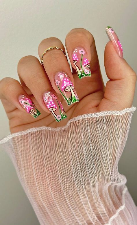 flower nails, flower nail art, flower nails designs, cute flower nails, pink floral nails, short nails flower, daisy nails, ditsy nails, flower and french tip nails Nail Designs With Pink Base, Abstract Flower Nail Art, Flower Garden Nails, Sparkle Flower Nails, Pink Mushroom Nails, Pink Flower Nail Designs, Flower Charm Nails, Baddy Nails, 80s Nail Designs