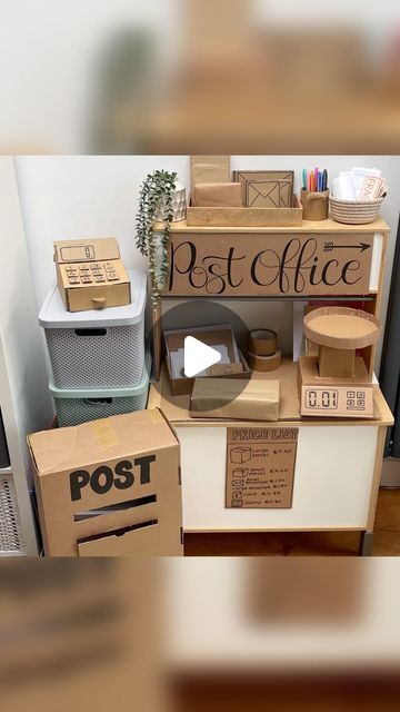 Cheryl Gavrielides on Instagram: "Postal weighing scales ⚖️  Day 2/5 - Cardboard creations 📦   You may have already seen our new post office kitchen area. We all love it!   And of course you can’t have a post office without postal scales! 🙌🏾  This was such a simple creation. Just a couple small boxes and a glue gun is pretty much all you need!  I think it is such a fun addition to our post office play area!  My children have been writing lots of letters and cards. And I have gradually added lots of fun writing and postal materials so that they can really get immersed in this postal experience 💕  And of course my lovely neighbour has found and given us some really fun writing resources too.   #diypostoffice #kidspostoffice #roleplayforkids #pretendplay #imaginativeplay #glueguncrafts #h Cardboard Post Office, Diy Post Office For Kids, Role Play Area Ideas, Christmas Post Office Role Play, Post Office Role Play, Office Play Area, Pretend Play Post Office, Post Office Play, Post Office Dramatic Play