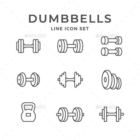 Set Line Icons of Dumbbells by moto-rama | GraphicRiver Weight Drawing Gym, Weights Drawing Simple, Fitness Symbols Icons, Work Out Doodles, Gym Doodle Art, Dumbell Doodle, Weight Plate Tattoo, Strength Doodle, Workout Drawings Art