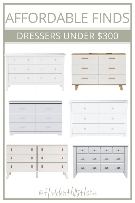 White bedroom dressers under $300! Affordable home decor finds White Dresser Teen Room, Kids Dressers Boys, White Boho Dresser, Dressers For Nursery, White Nursery Dresser, Kids Dresser Ideas, Girls Room Dresser, White Dresser Nursery, Affordable Dressers