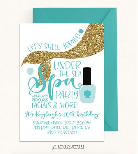 Mermaid Birthday Invitation / Shellabrate Invitation / Mermaid Birthday / Mermaid Spa Party / Mermaid Spa Birthday / Mermaid Invitation / Under the Sea Birthday / Under the Sea Invitation / Under the Sea Spa Party / Under the Sea Party Invitation designed by Lovely Letters Design  lovelylettersdesign.com Under The Sea Spa Party, Mermaid Spa Party Ideas, Mermaid Spa Party, Gymnastics Birthday Invitations, Mermaid Invite, Birthday Party Mermaid, Sea Invitation, Spa Party Invitations, Mermaid Invitation