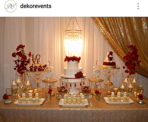 Sweet 16 Dessert Table Ideas Red, Red And White Dessert Table Ideas, Red Wedding Dessert Table, Red And Gold Anniversary Party Ideas, Red White Gold Decorations, Red And Gold 80th Birthday Party, Red And Gold Dessert Table Ideas, White Gold And Red Party Decorations, Red Gold And White Decorations