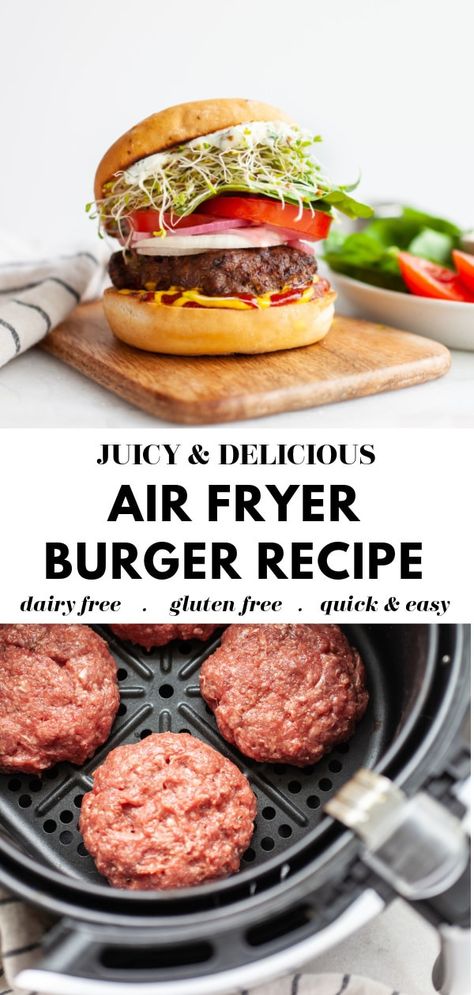 Gluten Free Burger Recipes, Gluten Free Burgers, Gluten Free Dairy Free Air Fryer Recipes, Burger Recipes Healthy, Beef Burger Patty Recipe, Ground Beef Burger Recipe, Air Fryer Burgers, Air Fryer Hamburgers, Healthy Burgers