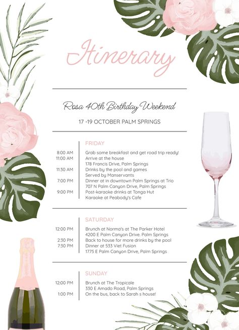 Get a free and easy-to-edit online Google Docs event itinerary template. Slumber Party Itinerary, Itinerary Template Bachelorette, Digital Itinerary Design, Anniversary Party Itinerary, Printable Itinerary Free, Itinary Template, Tea Party Itinerary, Spa Day Itinerary, Retreat Itinerary Template