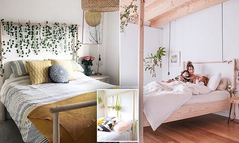 The Gjora frame is the $559 IKEA bed thousands are obsessing over  | Daily Mail Online Ikea Wooden Bed, Hang Plants, Bed Picture, Ikea Bed, Bohemian Living, Stylish Beds, Moving House, Fairy Lights, Daily Mail